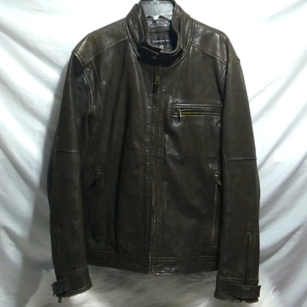 (D-32) Andrew Marc Leather Full Zip Distressed Jacket W Zip Pockets Wool Lining